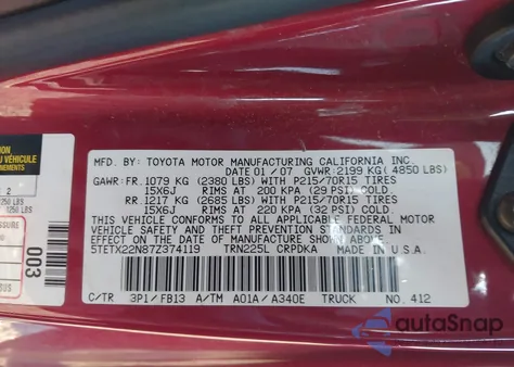 2007 Toyota Tacoma z USA, uszkodzony, nr VIN 5TETX22N87Z374119